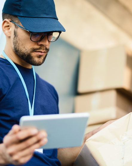 young-delivery-man-using-touchpad-while-reading-label-package 1